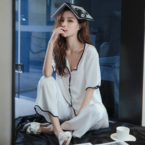 Pajamas female 2021 New Ice Silk short sleeve can be worn outside home suit suit sexy pajamas Net red explosive 2021