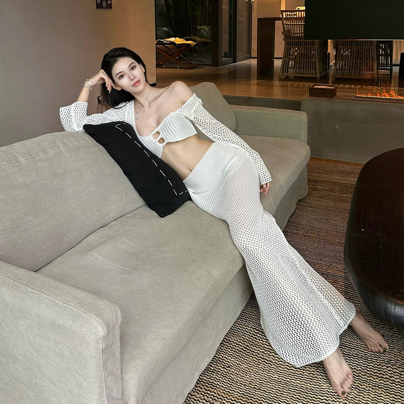 Designer Hollow-Out Knit Cover-Up Set Dress, Sexy Backless Long-Sleeve Short Top, Mermaid Long Skirt for Women
