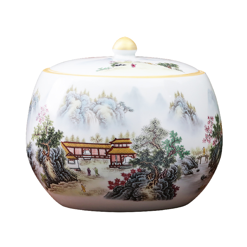 Jingdezhen ceramics landscape caddy fixings puer tea cake tin with large seal storage place ornament