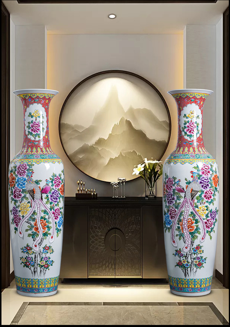 Jingdezhen porcelain ceramic floor extra large size vase hand - made pastel peony phoenix hotel sitting room adornment is placed