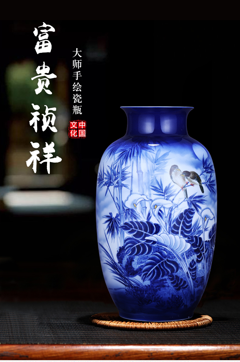 Jingdezhen porcelain ceramic hand - made of blue and white porcelain vases, new Chinese style household, large sitting room adornment is placed on the ground