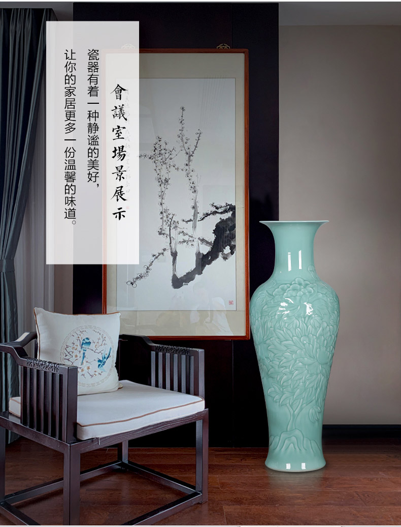 Jingdezhen ceramics large reliefs green glaze vase of large sitting room hotel decoration of Chinese style household furnishing articles