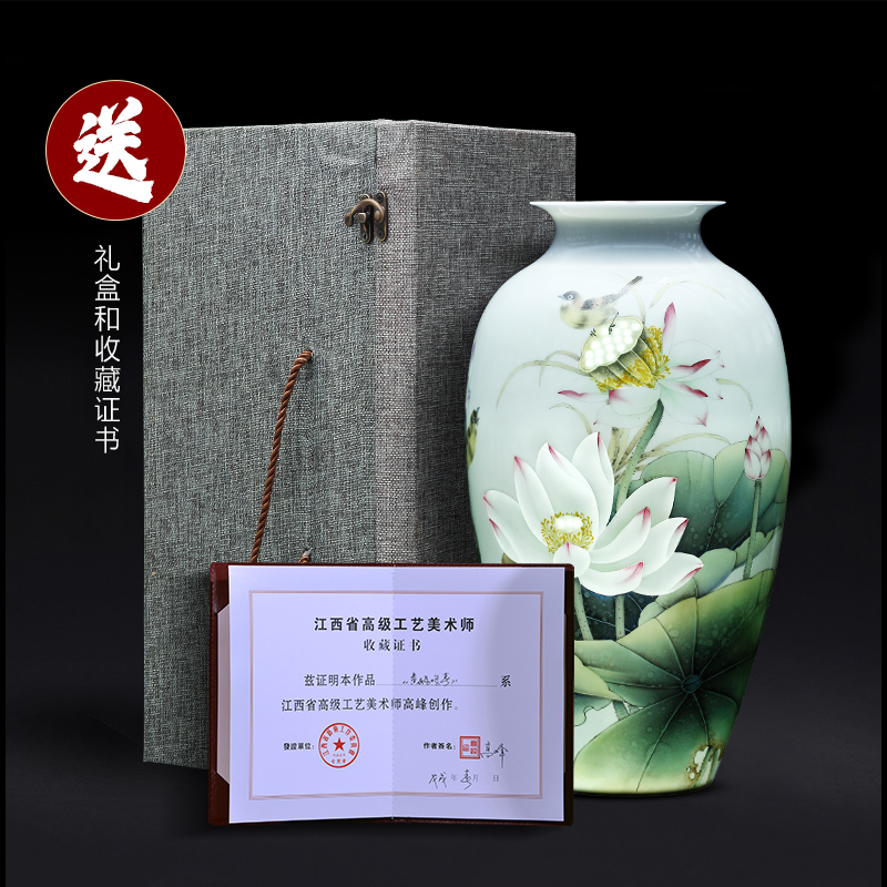 Jingdezhen ceramics hand - made lotus flower vase light key-2 luxury furnishing articles of Chinese style household living room TV ark adornment arranging flowers