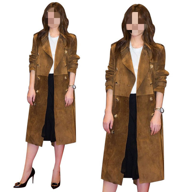 ແບບດຽວກັນ star burnt brown suede trench coat classic style British fashion slim coat mid-length coat