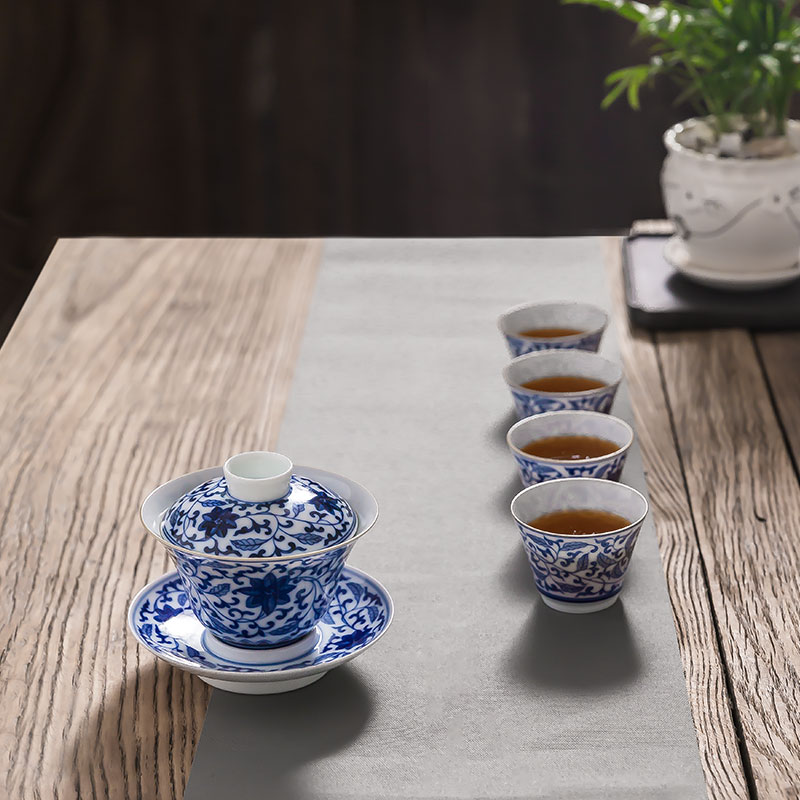 Jingdezhen escape this hall three tureen teacup only pure hand - made bound lotus flower blue and white porcelain tea set tea bowl of ceramics