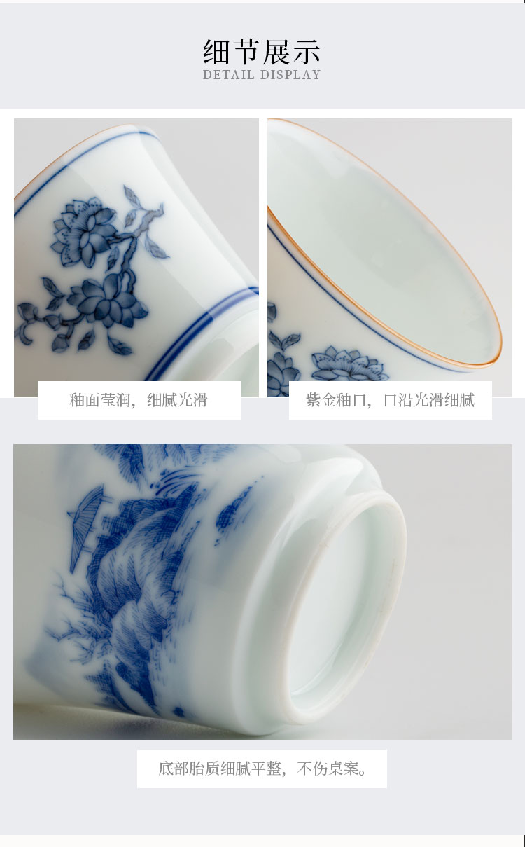 The Escape this hall ceramic cups master cup of jingdezhen blue and white sample tea cup hand - made scenery kung fu tea cups single CPU