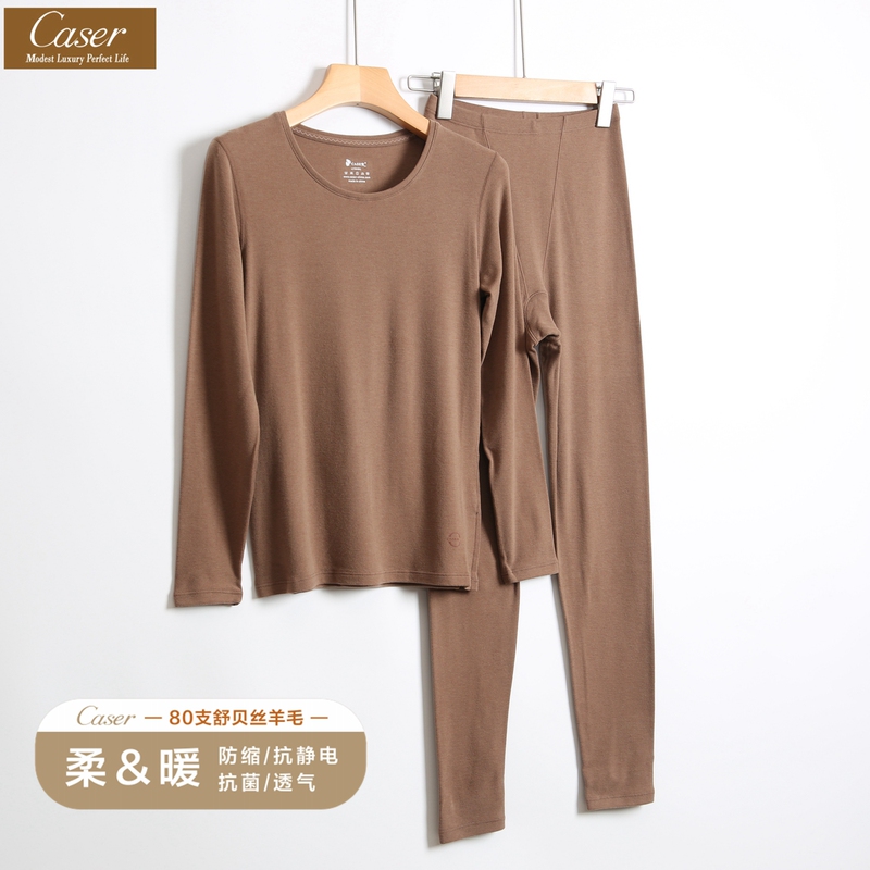 Caesar Women's Autumn and Winter Thermal Underwear Set, Thin Wool, Round Neck, Brushed for Warmth Caesar Women's Autumn and Winter Thermal Underwear Set, Thin Wool, Round Neck, Brushed for Warmth