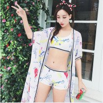 Swimsuit female Korean ins three-piece conservative cover belly bathing suit fairy fan sexy small chest gathered to show thin beach