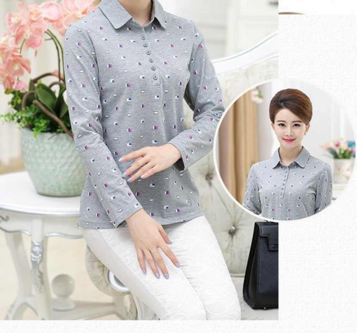 Áo phông mùa thu 2018 mới dành cho nữ trung niên áo thun mẹ dài tay áo len mỏng quần áo trung niên