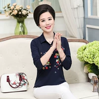 Mùa thu 2018 mới của phụ nữ Áo thun trung niên thêu mẹ áo ve áo 40-50 áo cotton dài tay thời trang tuổi trung niên cao cấp