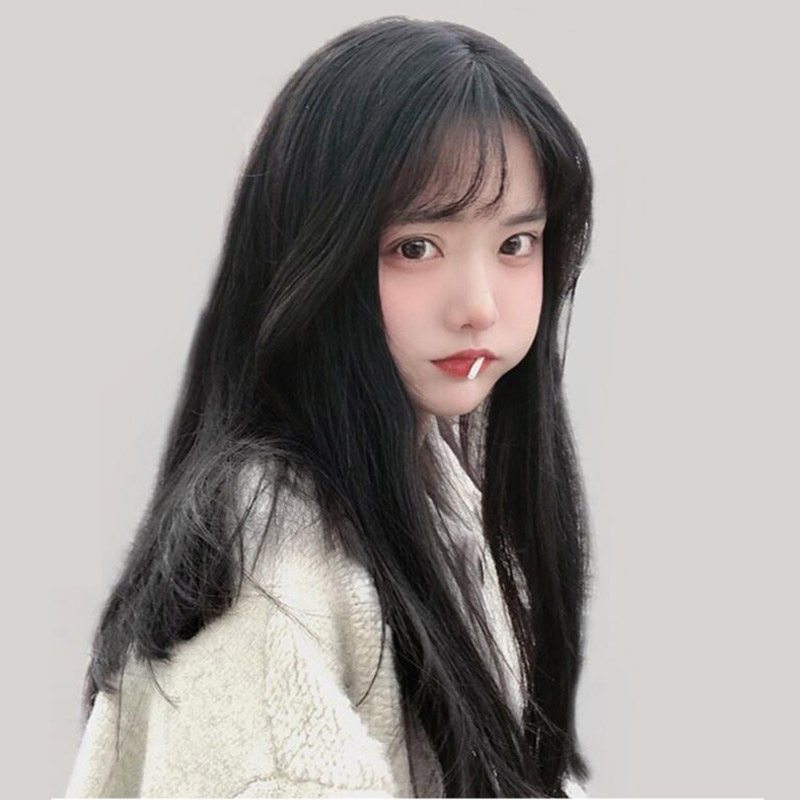 Wig woman natural black medium long straight hair net red realistic air bangs full head cover new curly hair lolita fake hair