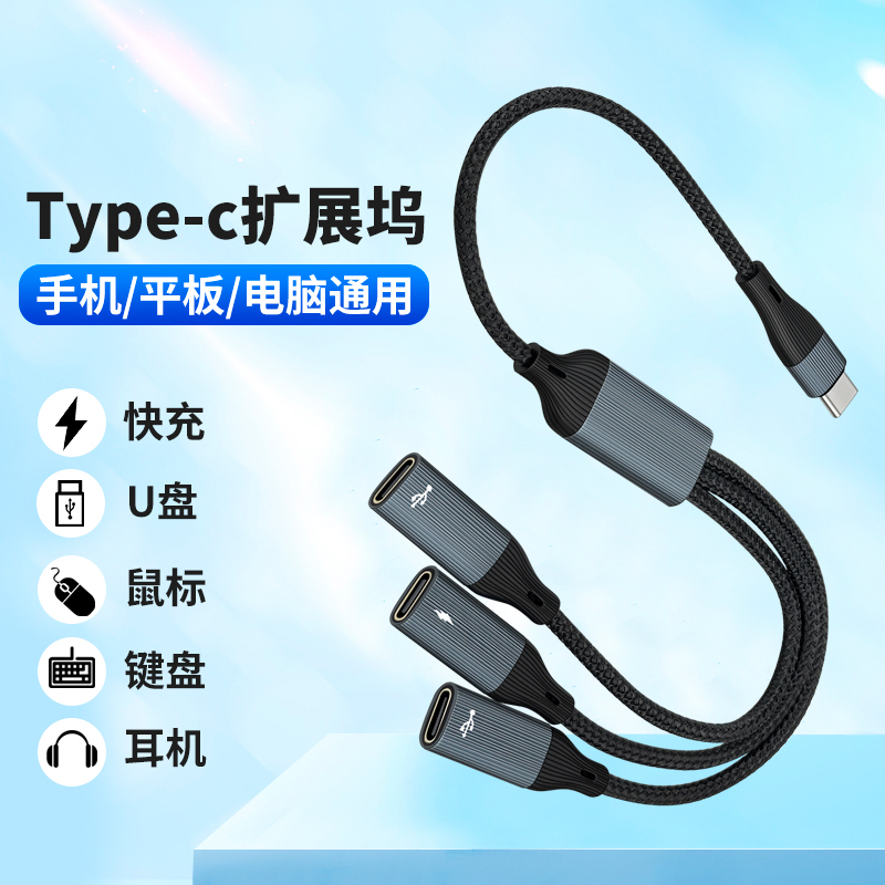 Typec One-To-Three C Female Adapter Otg Two-In-One Female Socket Pd Fast Charging Data USB Flash Drive Hard Drive Mouse Keyboard USB Converter Dual Tpc Suitable for Mobile Phones, Tablets, Laptops, and Apple Devices