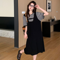 Fashionable casual fake two-piece maternity wear summer style splicing design T-shirt dress large size loose mid-length dress