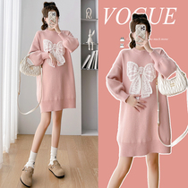 2023 new autumn and winter maternity wear fashionable age-reducing lace bow dress round neck loose slimming sweater skirt