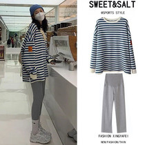 Pregnant womens autumn suit Net Red Spring and Autumn New Fashion coat tide loose sweater pants go out not show two-piece set