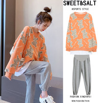 Pregnant women autumn suit fashion model 2021 New early pregnancy early autumn winter plus velvet sweater autumn jacket two-piece set