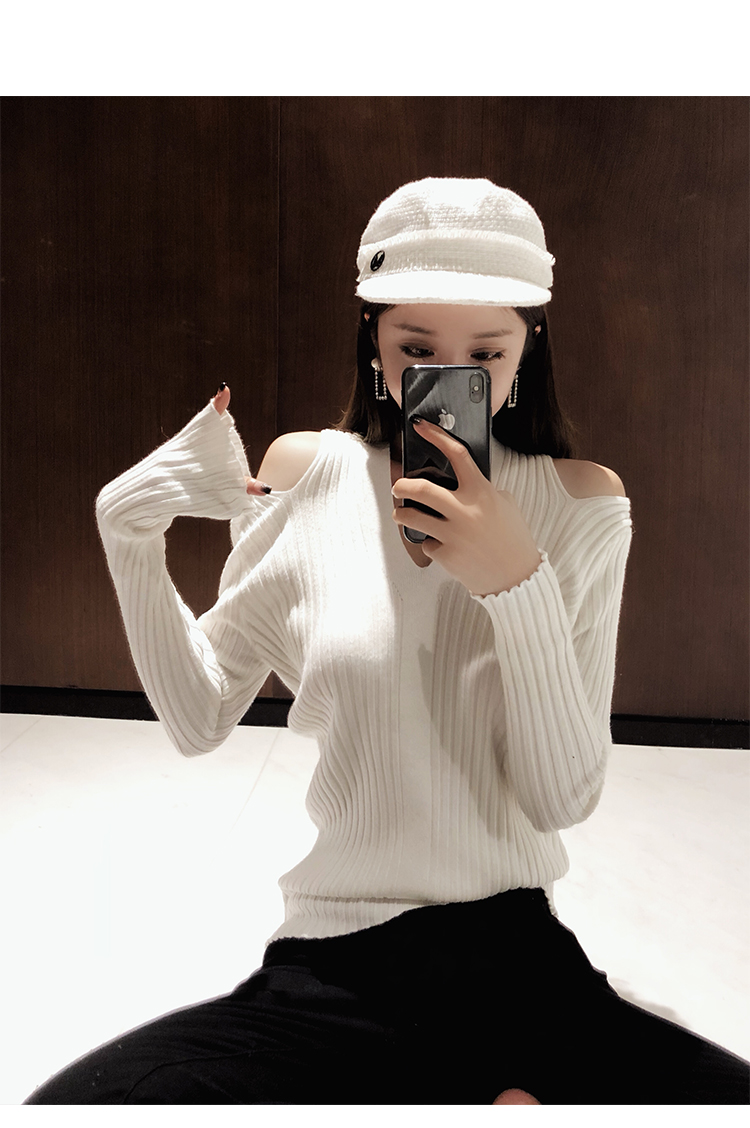Jin em trai JG 2018 thu đông mới áo thun nữ cổ chữ V lệch vai áo len cạp cao màu trơn dáng rắn mẫu áo len nữ đẹp 2021