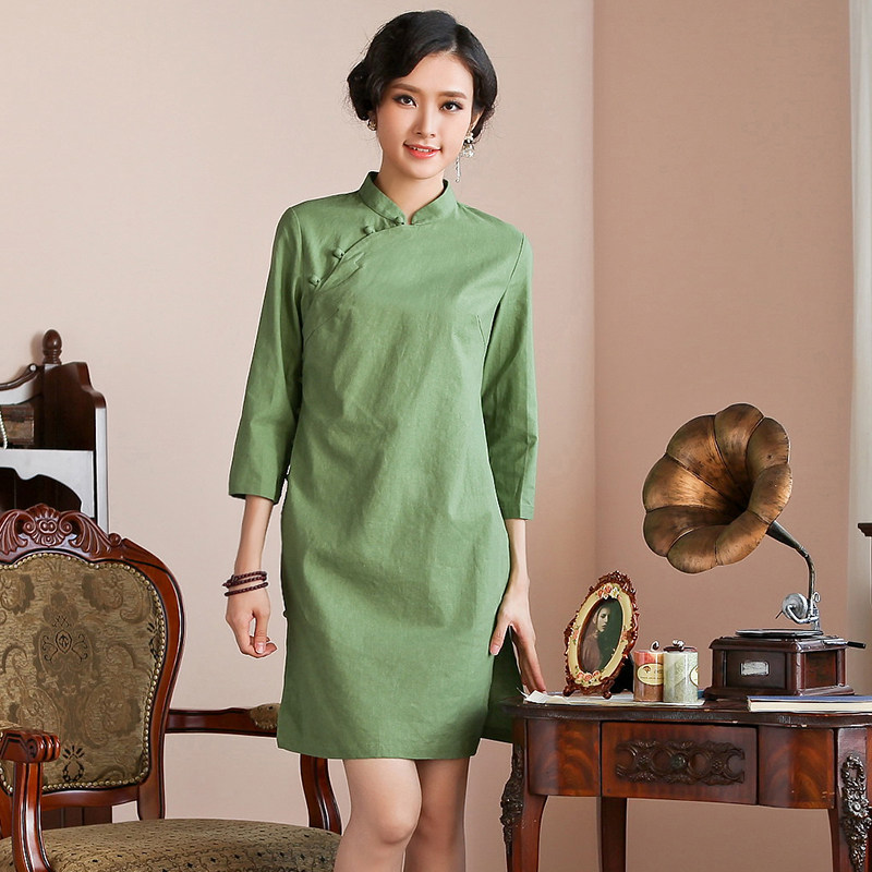 Cotton and linen cheongsam 2022 new summer improved version of the dress small everyday simple and elegant retro tea suit 119