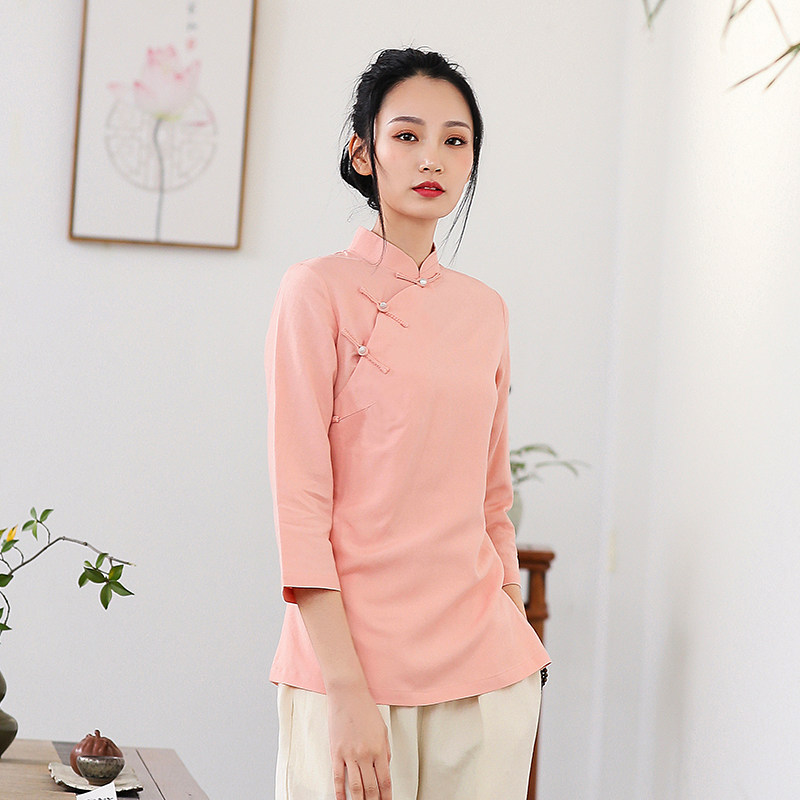 Tang suit Chinese style cotton and linen women's Chinese style improved disc buckle summer cheongsam top short retro Zen tea suit 106