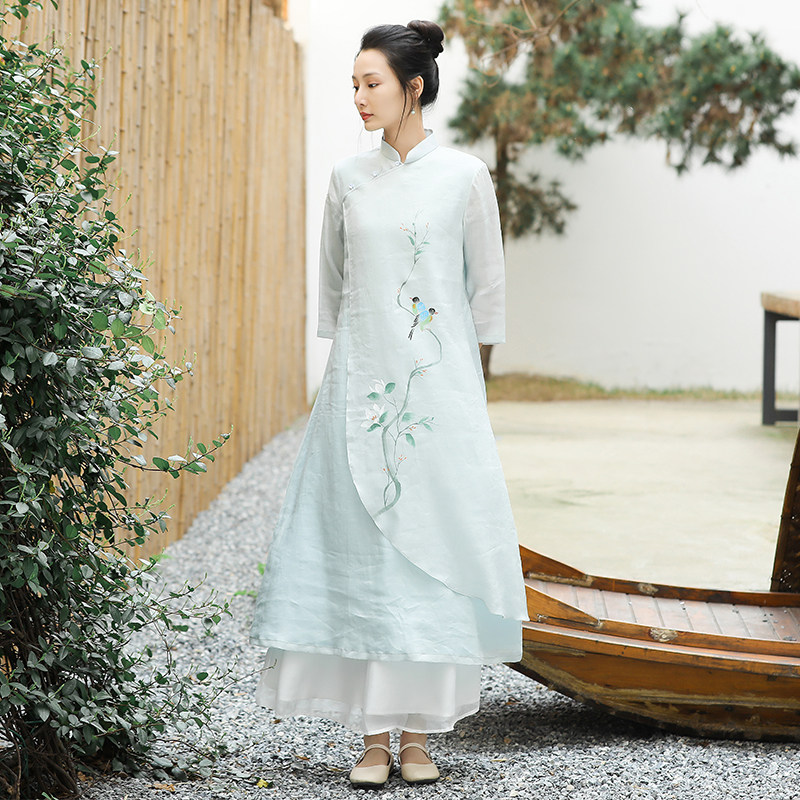 Qipao modified dress 2021 new summer Chinese style women's women's clothing ramie young model Zen tea service 698