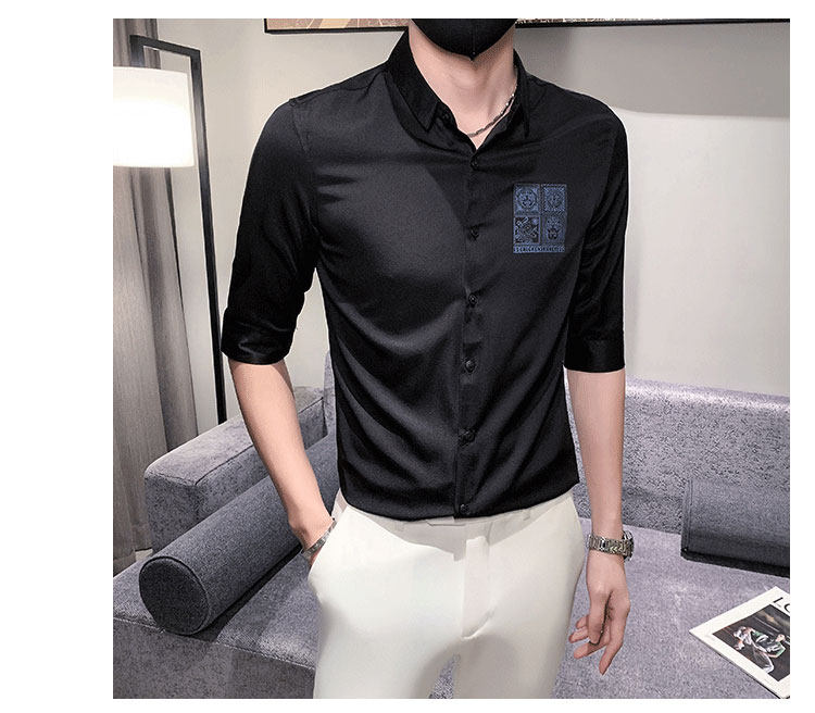 Джинсовая рубашка frying pan男士七分袖衬衫夏季薄款冰丝棉刺绣方领衬衣修身痞帅潮 OTHER