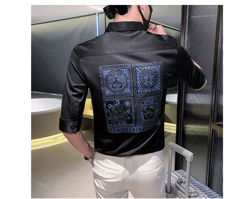 Джинсовая рубашка frying pan男士七分袖衬衫夏季薄款冰丝棉刺绣方领衬衣修身痞帅潮 OTHER