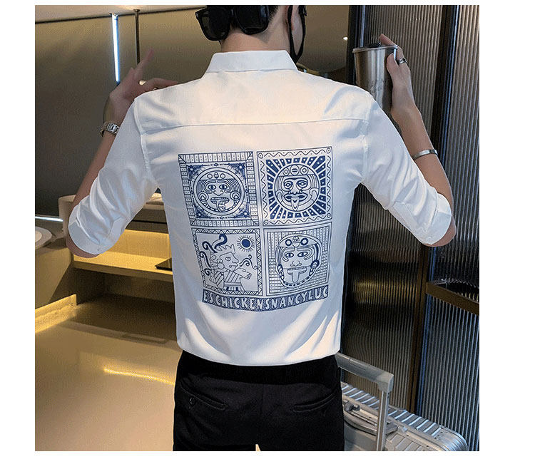 Джинсовая рубашка frying pan男士七分袖衬衫夏季薄款冰丝棉刺绣方领衬衣修身痞帅潮 OTHER