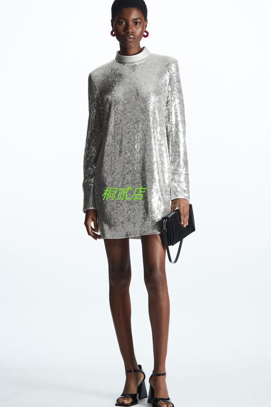 Zaoguan's New C** Satin Stand-Collar Luxurious Sequin-Embellished Long-Sleeve Straight Mini Dress