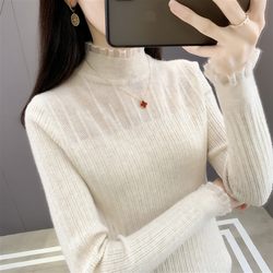2023 Autumn Clothes Sweet and Western Style Lace Half Turtle Collar Slim Fit Thin Sweater Bottoming Knitted Sweater Long Sleeve Top