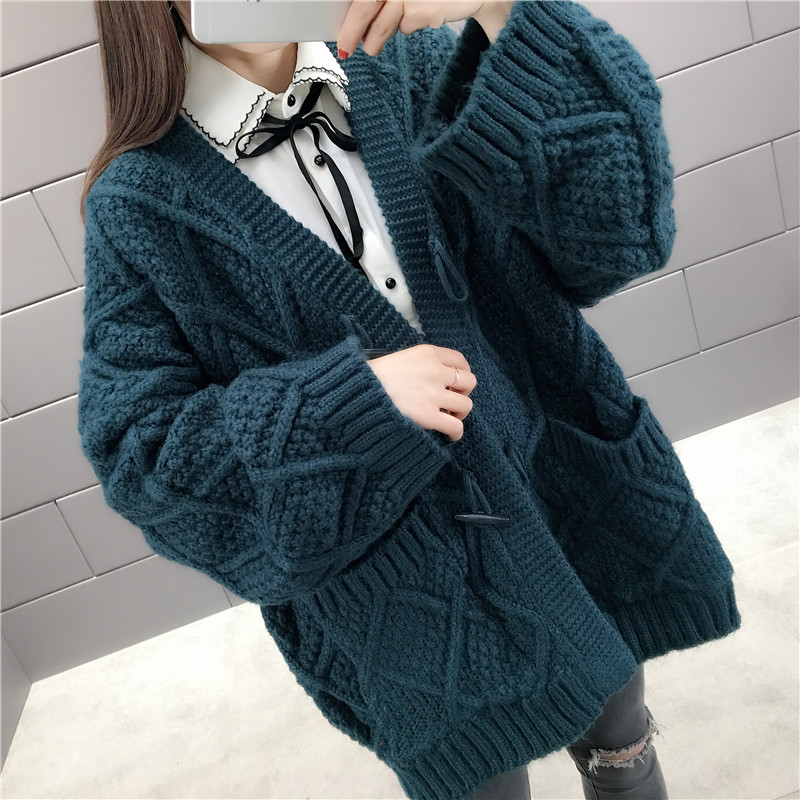 Early Spring 2022 New Women's Blue Green Coat Loose Lazy Wind Thick Woolen Thick Net Red Knit Cardigan Sweater