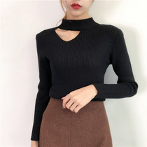 Leaky clavicle mind-machine top knitted bottoming shirt womens spring and autumn 2021 new Western style inner long-sleeved slim-fit sweater short