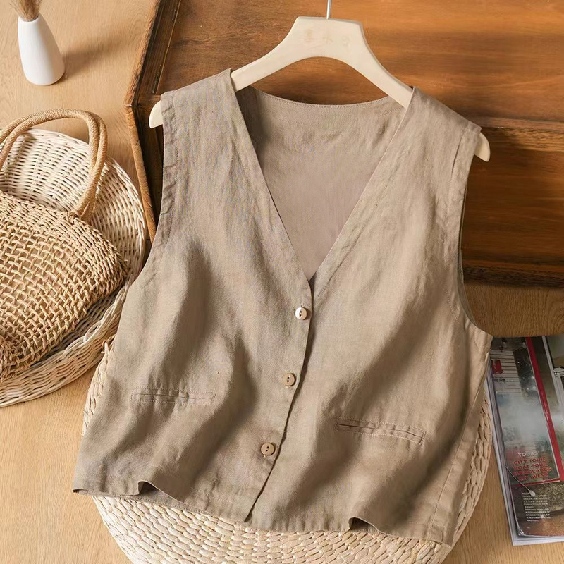 Summer Thin Cotton and Linen Vest Top for Women, Casual V-Neck Linen Vest, Elegant Sleeveless Linen Jacket