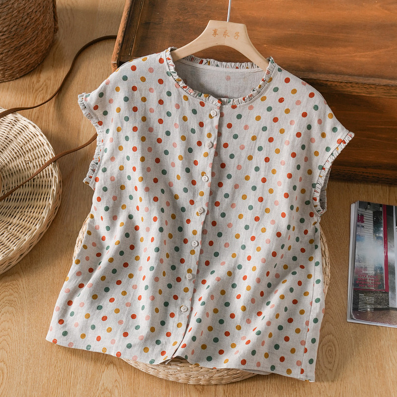 Japanese-Style Polka Dot Linen Sleeveless Shirt for Women, Summer Vintage Elegant Ruffled Vest, High-End Cotton-Linen Sleeveless Top