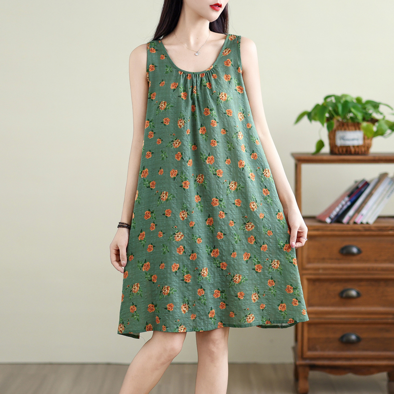 Cross-Border Trade Summer Thin Loose Camisole A-Line Dress Sleeveless Round Neck Tank Dress Cotton Linen Printed Dress for Women