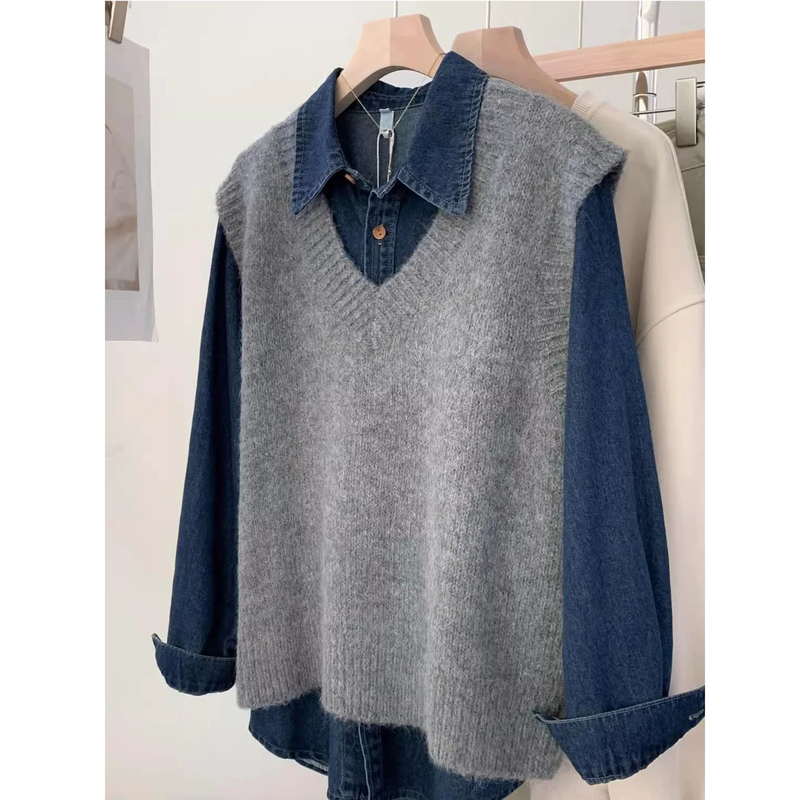 Gray Knitted Vest for Women, Autumn and Winter Loose V-Neck Pullover Sweater Vest, Layered with Denim Shirt Two-Piece Set Gray Knitted Vest for Women, Autumn and Winter Loose V-Neck Pullover Sweater Vest, Layered with Denim Shirt Two-Piece Set