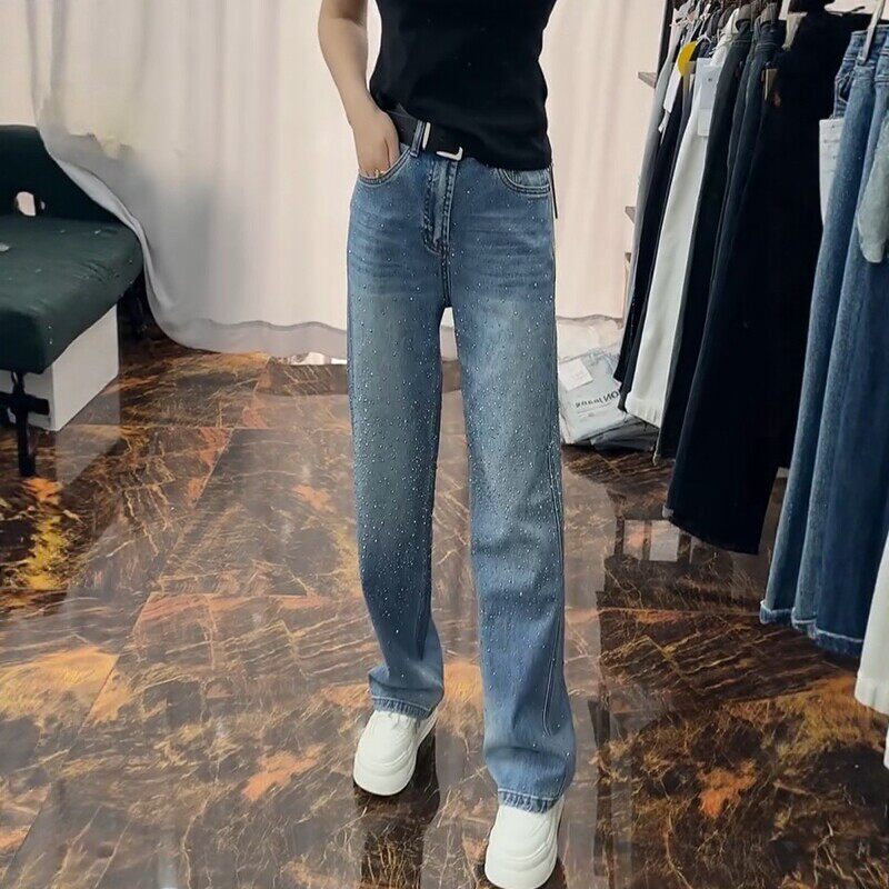 Spring New Style Star-Patterned Rhinestone Narrow Straight-Leg Jeans for Women, Vintage Blue, Slimming and Leg-Lengthening Wide-Leg Pants