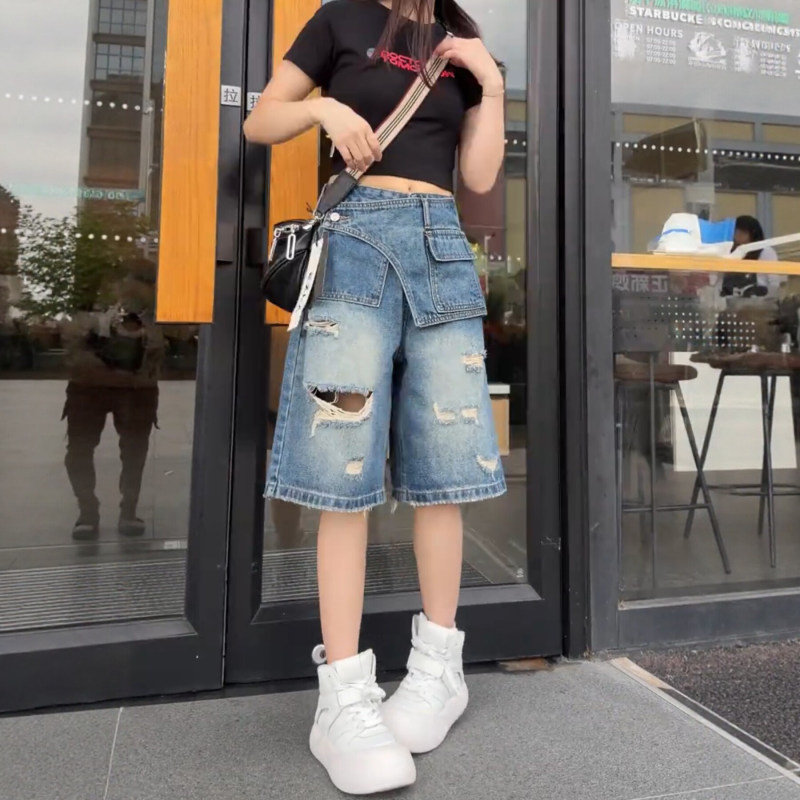 Retro American Street Style Ripped Denim Shorts for Women, New Summer Style, Loose and Slimming, Fake Two-Piece Denim Shorts