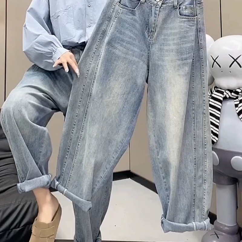 Summer New High-Waisted Stretchy Harem Dad Jeans for Women, Pear-Shaped, Versatile, Slimming, Plus-Size, Cropped Straight-Leg Pants
