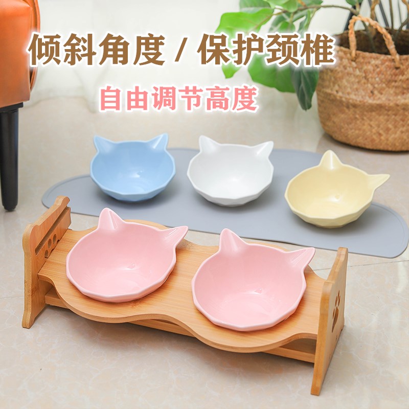 Cat Bowl Ceramic Double Bowl Cat Food Basin Protection Cervical Spine Wood Frame High Foot Slop Lip Cat Drinking Water Cat Food Bowl Kittens supplies