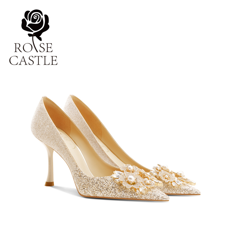 Brilliant Flower Rosecastle Chinese-Style Wedding Shoes, the Bride's Dual-Wear Shoes, Gold Stiletto High Heels Brilliant Flower Rosecastle Chinese-Style Wedding Shoes, the Bride's Dual-Wear Shoes, Gold Stiletto High Heels
