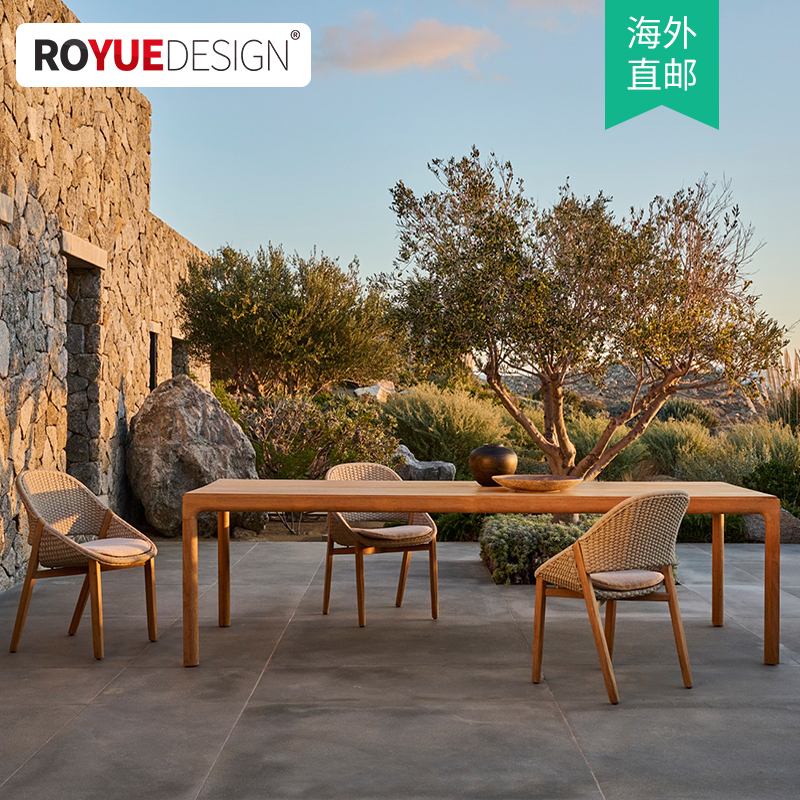 Nordic Outdoor Teak Leisure Table and Chairs, Waterproof and Anti-Corrosion Rattan Woven Chairs, Villa Courtyard Garden Terrace Solid Wood Long Table