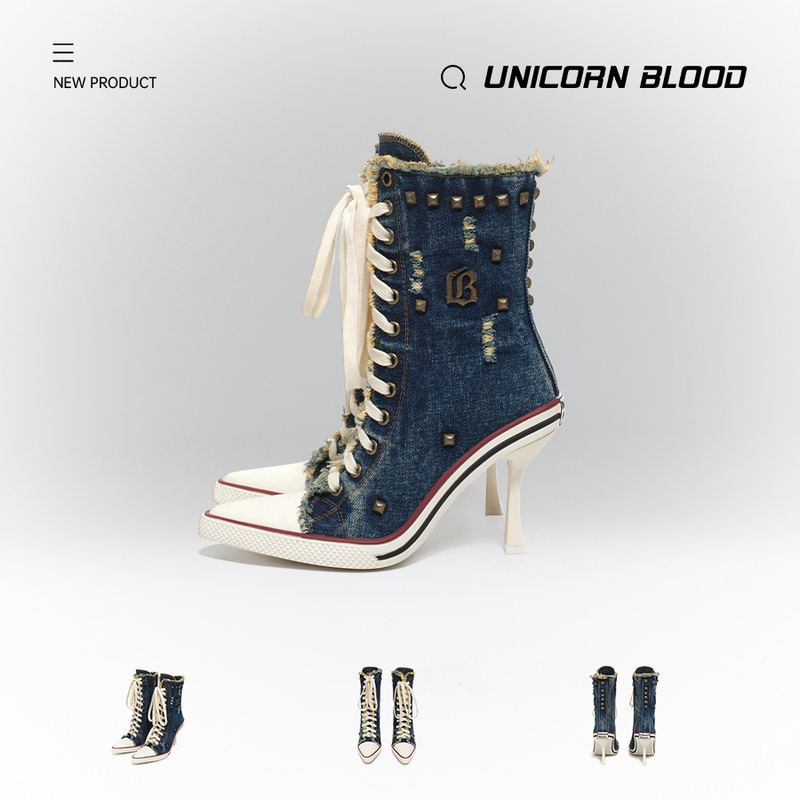 Unicornblood Broken Wind Beaded Canvas High Heels Gal Style Side Zipper Lace-Up High-Top Handmade Women's Shoes