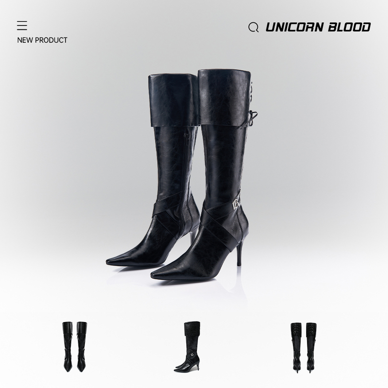 Unicornblood Flip-Top Pointed Boots, Retro Oil Wax Leather, Hand-Rubbed Color Long Boots, Fashion High-Heeled Long Boots