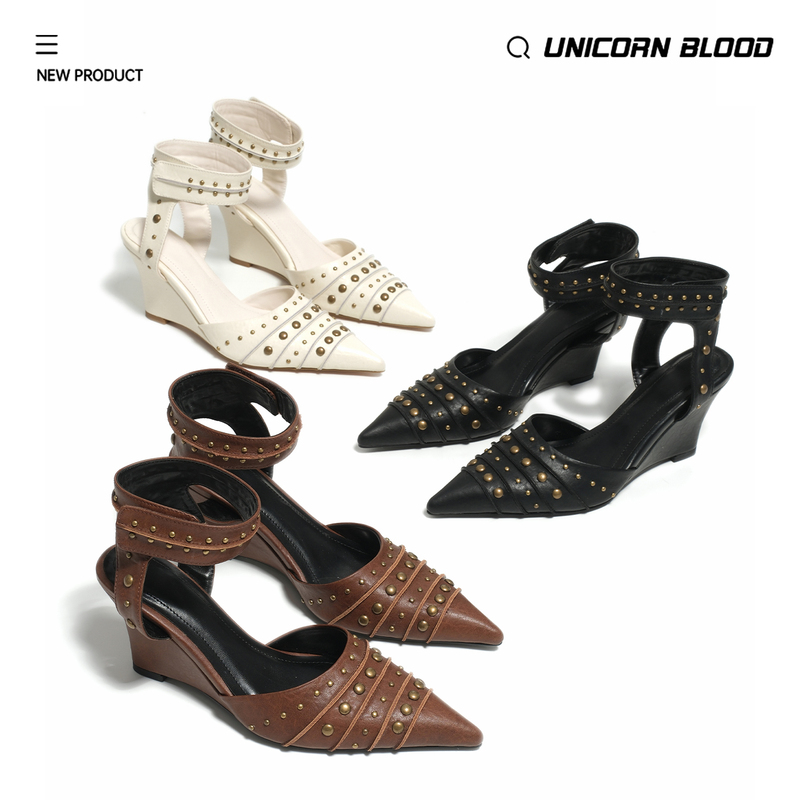 Unicornblood Tribal Style Rivet-Decorated Wedge Sandals for Women with Pointed Toe and Height-Increasing Fashion Shoes