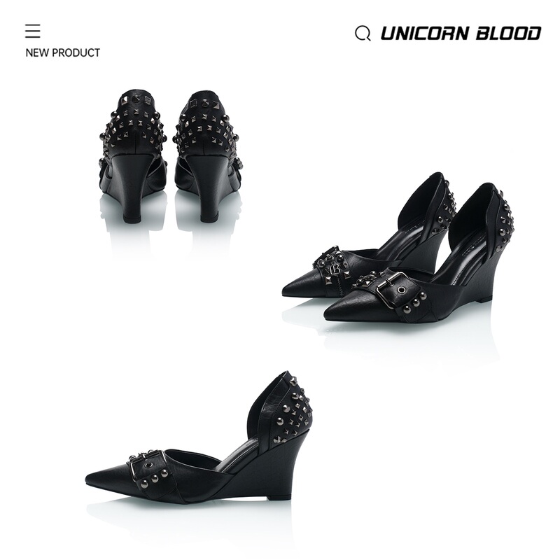 Unicornblood New Punkism! Pointed-Toe Studded Buckle Leather Wedge High Heels Functional Style Shoes