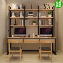 Solid wood double desk bookshelf combination bookcase one desk home learning table loft long computer desk
