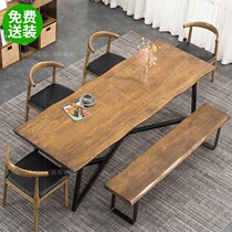 Solid wood table bench combination household long table dining chair log vintage old long table pine wood wood dining table