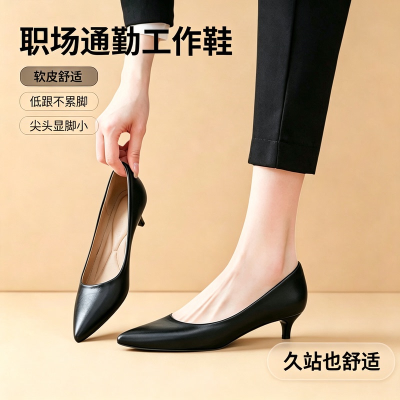 3cm High Heels Women's Black Pointed Toe Low Heel Shoes Workplace Comfortable Small Black Shoes Soft Sole Work Shoes Leather Shoes 3cm High Heels Women's Black Pointed Toe Low Heel Shoes Workplace Comfortable Small Black Shoes Soft Sole Work Shoes Leather Shoes
