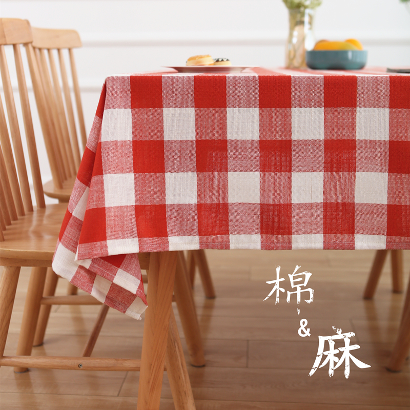 Linen plaid tablecloth cotton and linen cloth art thickened tablecloth coffee table large grid Nordic net red picnic tablecloth cover cloth