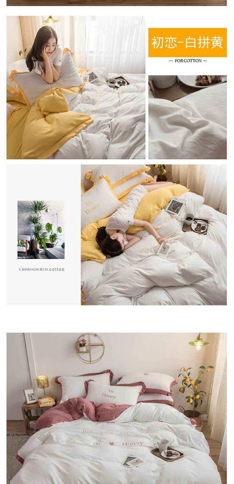 Bộ đồ giặt bốn mảnh bằng vải cotton màu đỏ Bộ đồ giường công chúa bằng vải lanh trải giường Bộ đồ giường ba mảnh dành cho nữ - Bộ đồ giường bốn mảnh chăn drap gối nệm